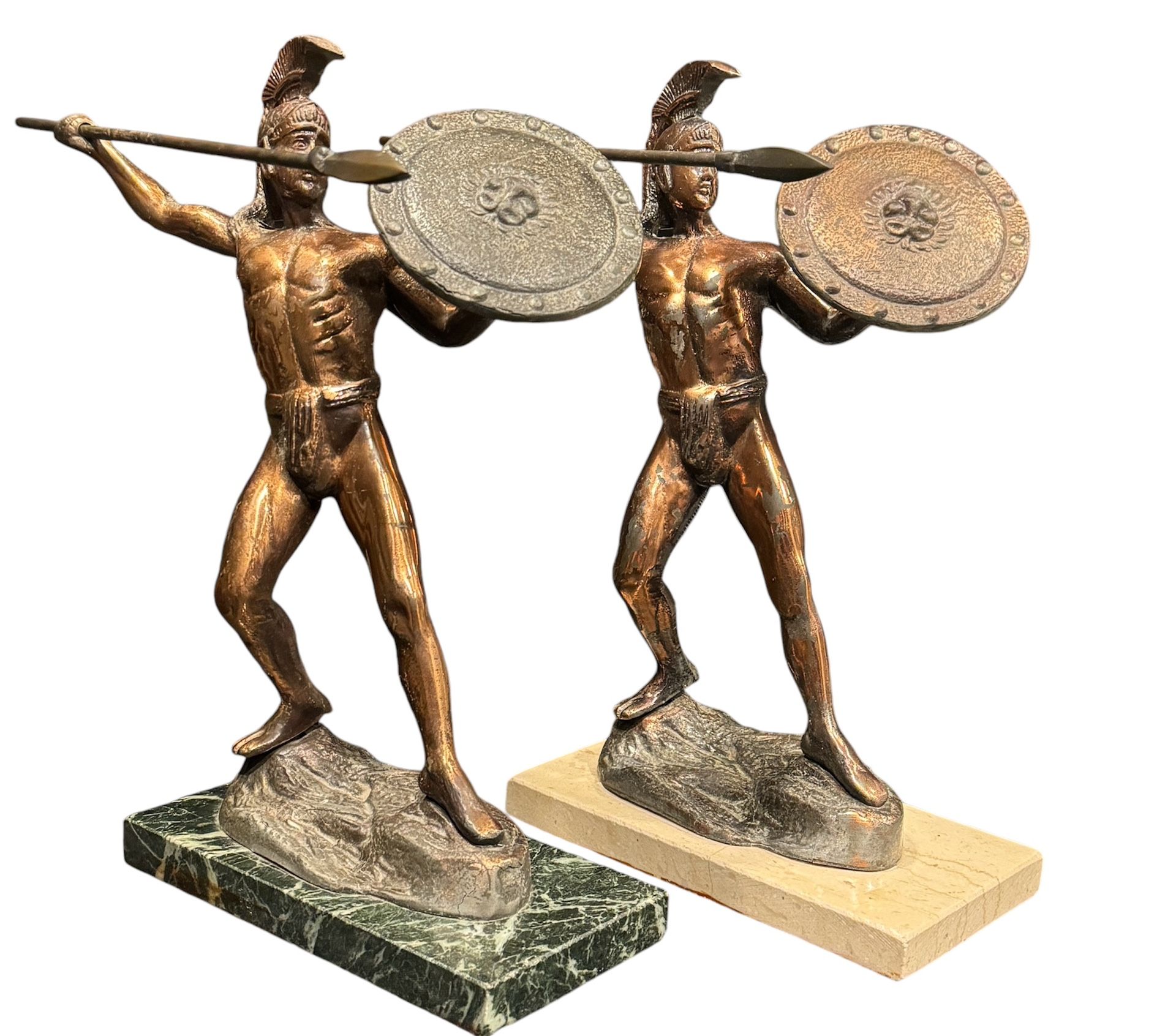 VTG LOT OF 2-LEONIDAS STATUES W/SPEARS & SHEILDS-GREECE-HEAVY--12”. SPEARS AND SHEILDS ARE REMOVABLE--EACH STATUE WEIGHS APPROXIMATELY 7 LBS. BASE MEA