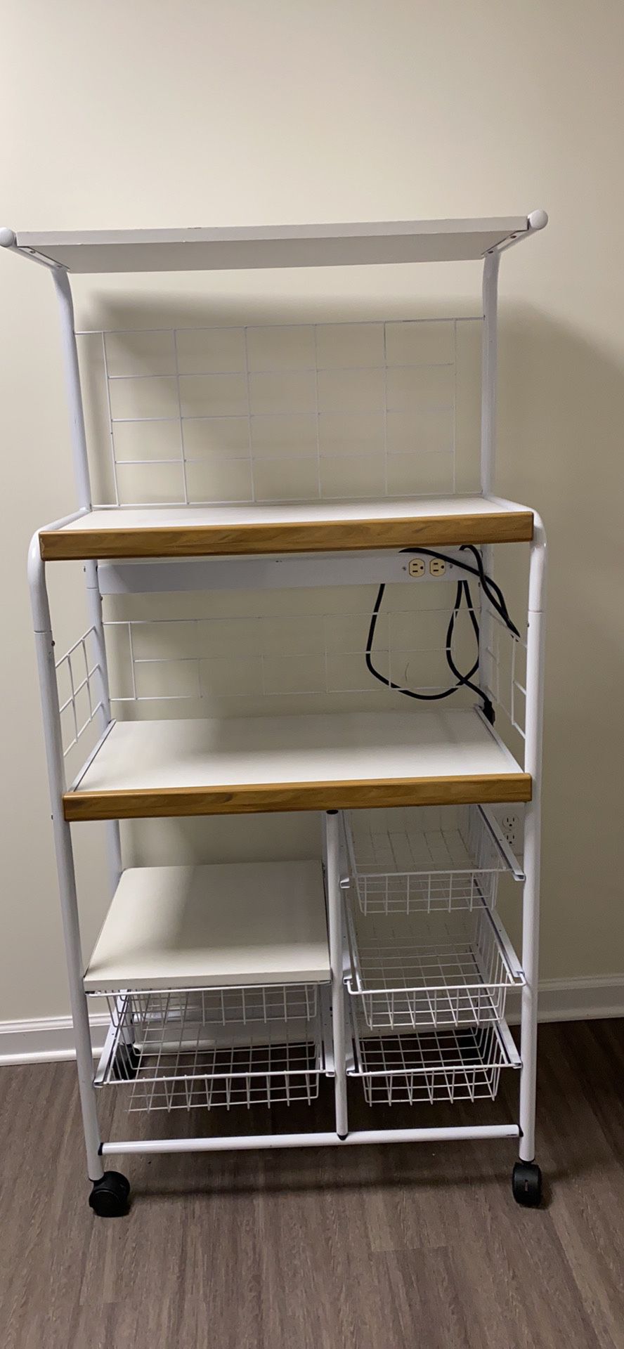 White Rolling Storage Cart With Electrical Outlet, Good Shape $50