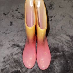 Cat & Jack Girl’s Sz 2 Rain Boots CeCe Pink Yellow Glitter Ombre Rubber Pull On