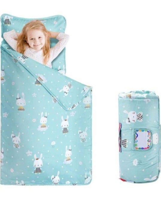 NEW! Toddler Padded Sleeping Nap Mat w/Pillow & Blanket,100% Cotton, 50x20, (Miss Bunny)