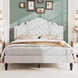 Full Size Platform Bed Frame with Velvet Adjustable Tiara Curved Headboard and H