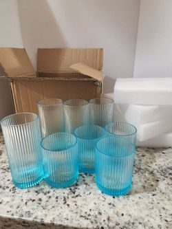 Ribbed drinking glasses set of 8(blue)