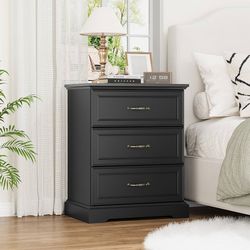 New Large Nightstand with 3 Drawers,24" Wide End Table with Metal Handles,Rustic Farmhouse Wood Small Dresser,Bedside Table,Modern Chest of Drawers fo