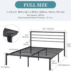 Full Bed Frame with Storage Headboard, Heavy-Duty Metal Platform, No Box Spring Needed – Black
