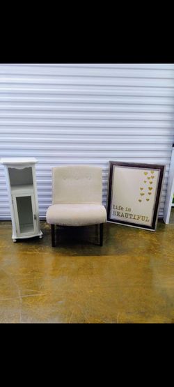 Home Decor Bundle - Armless slipper chair, White Cabinet & Framed Wall Art
​Price: $65