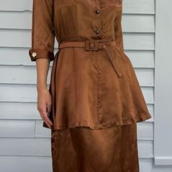 Vintage 1930s/1940s Liquid Silk Satin Daisy Appliqué Peplum Tiered Dress
