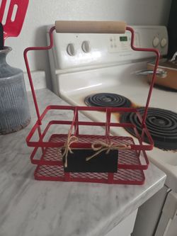 Red Metal Wire Caddy with Wooden Handle