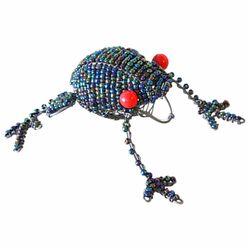 HandMade Estate Small Colorful Tiny Beaded Frog with SIlvertone Wire Limbs & Red Beady Eyes