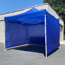 (New) $129 Heavy Duty 10x10ft Popup Canopy with 3 Sidewalls, White/Blue