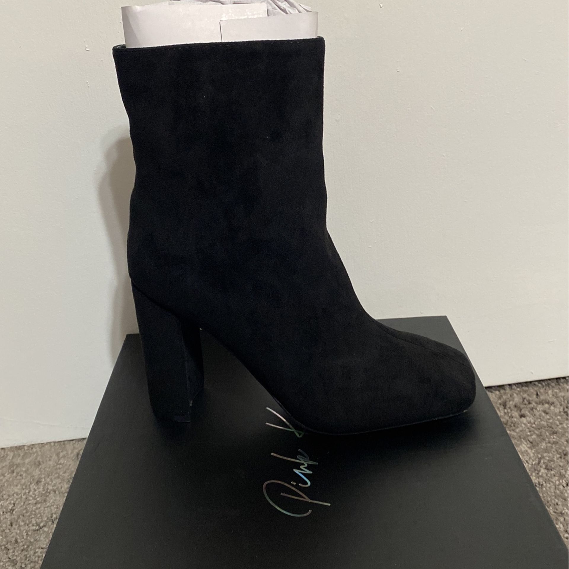 Pink Kiss Black Suede Square Toe Boots Size 8