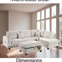 New! Plush Ivory Sectional, Sectional And Storage Ottoman, Sectionals, Sofa, Couch, Beige Couch, Ivorry Couch, Corduroy Sectional, USB Charger Sofa Di