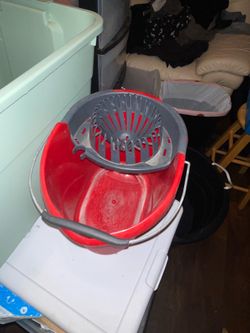 3 drawer storage container, plastic hangers, lunch boxes, cane fishing poles, mop bucket