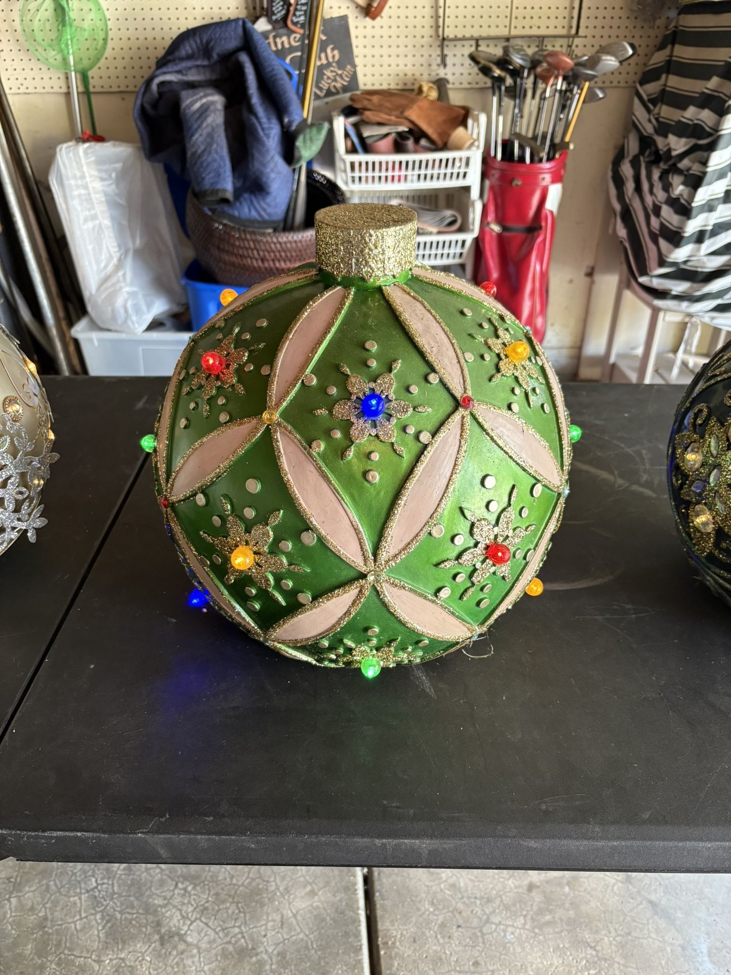  Set of 4 vintage Christmas Khringle express oversized illuminated lit 14” red gold silver & green glitter ornaments. Great holiday accents inside or 