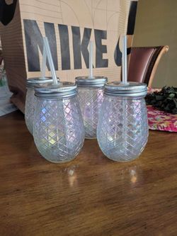 Iridescent Glass Jar Cups with Straws 