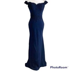Long Navy Off the Shoulder Lace Prom Formal Dress US XS 
