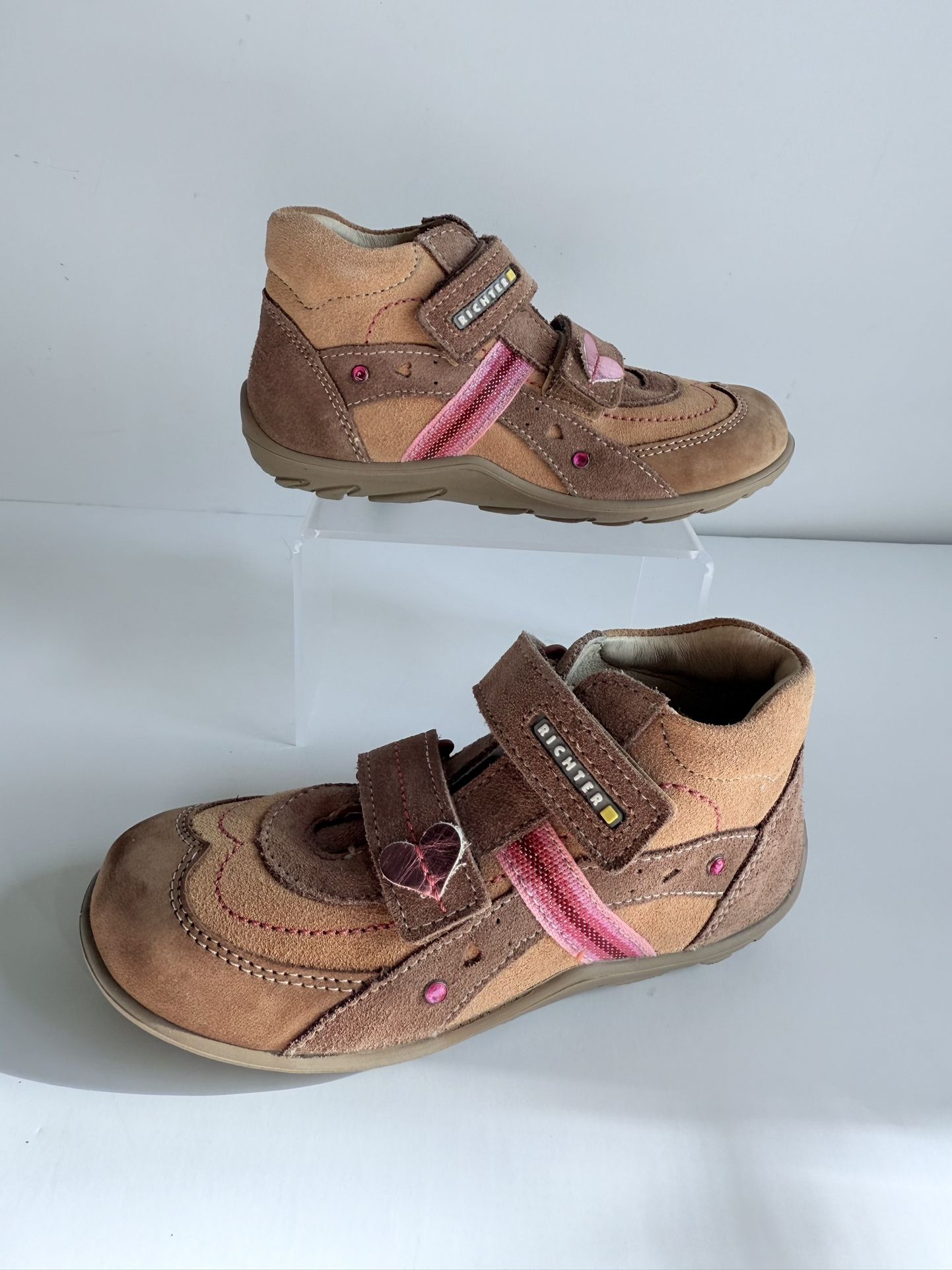 Richter Girls Leather Boots Brown Pink Heart Velcro Toddler Size 26 (US 9) New