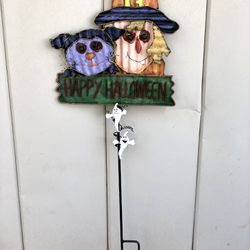 Vintage 2003 MSI “Happy Halloween” Witch & Cat Metal Garden Stake