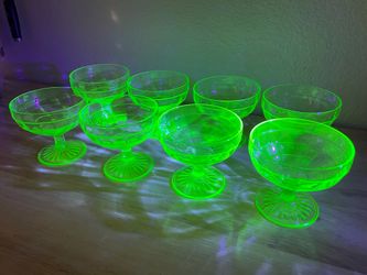 8 Vintage Uranium Green Depression Glass Block Optic Hocking Sherbet Sorbet Ice Cream Cups Bowls