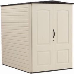 Rubbermaid Large Vertical Resin Weather Resistant Outdoor Garden Storage Shed, 5x6 Feet, Sandstone NEW - FACTORY SEALED