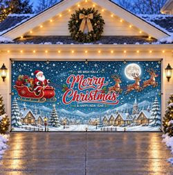 Christmas Garage Door Cover 7 x 16 FT, Large Outdoor Garage Door Christmas Decorations, Xmas Garage Door Banner for Home, Yard and Holiday Party Decor
