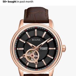 Bulova Men's Classic 3-Hand Automatic Leather Strap Watch, 21-Jewels, Hack Feature, Luminous Hands and Markers,Open Aperture and Exhibition Case Back