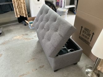 Gray Tufted Storage Ottoman Bench and solid wood coffee table