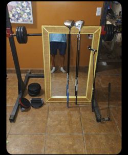 Golf clubs 80s vintage mirror 44x24 mini weight bench with all accessories to hold in 120 lb in weights plus two push up tools to help you do decline