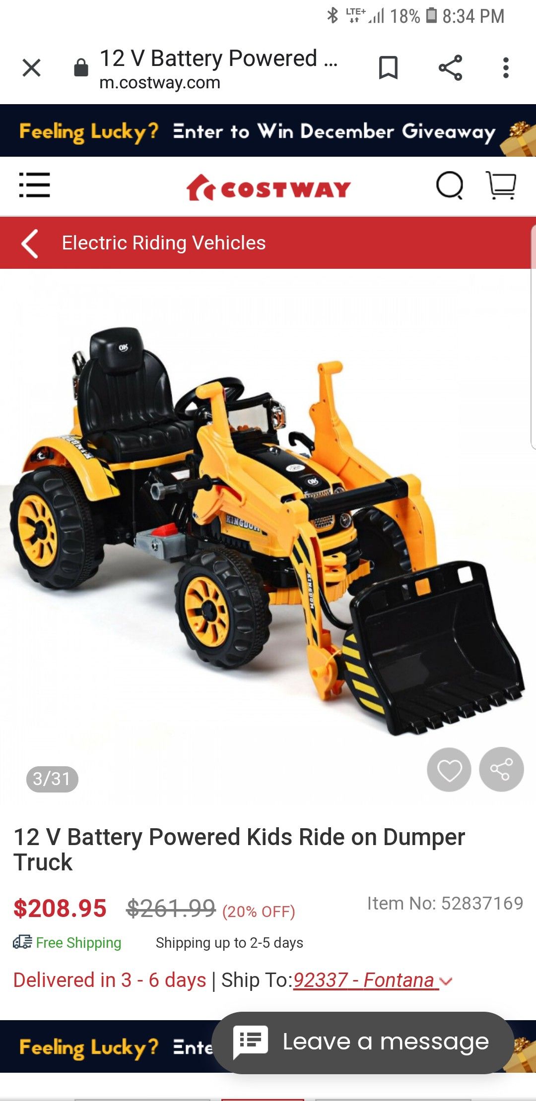 New in the Box 12 V Battery Powered Kids Ride on Dumper Truck