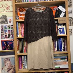 TALBOTS-women’s brown/tan long sleeve double layered full-length back-zip dress