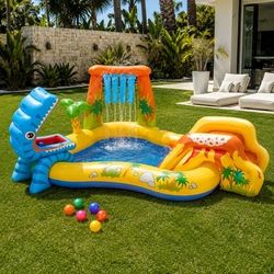 Intex Dinosaur Inflatable Kid Play Center with Volcano Water Slide, Palm Tree Sprayer & Waterfall Arch, 10-Gauge Vinyl, Multicolor (57444EP)