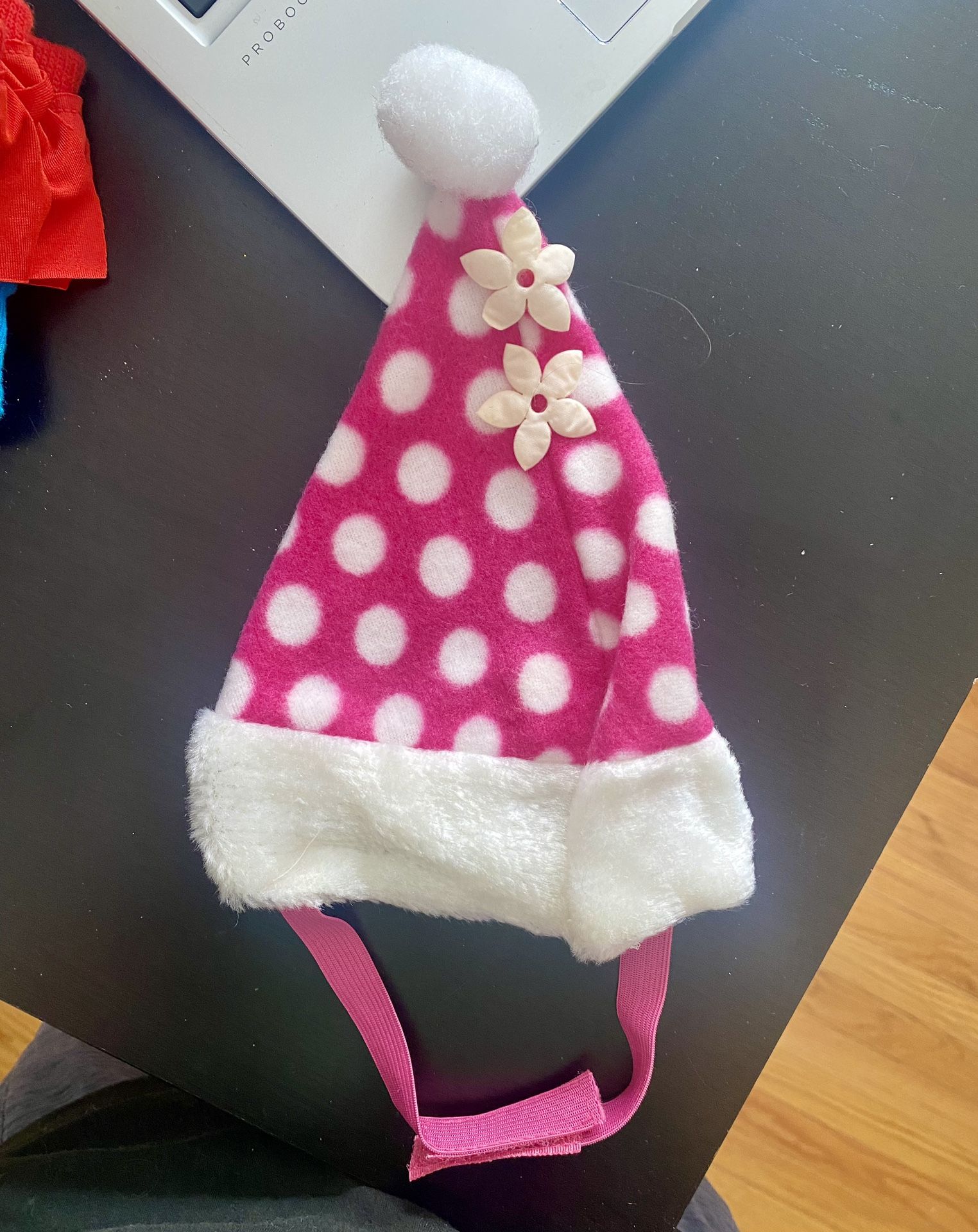 Pink With White Polka Dots And Flowers Santa Hat