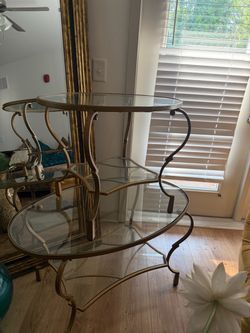 Three gold cast iron tables coffee, end & couch table