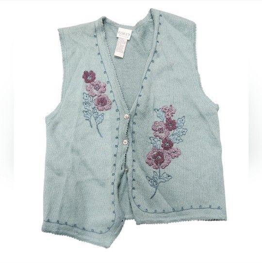 Vintage Koret Petites Size Small Green Sleeveless Knit Vest Embroidered Floral