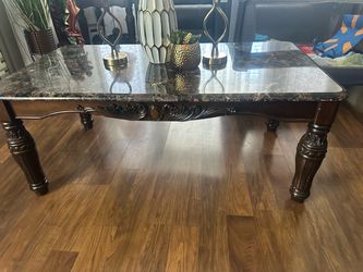 Marble Top Coffee Table with Carved Wood Base