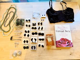 Earrings, necklaces, book, candle, top small