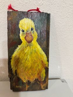 Vintage Hand Painted Duckling on Wood Folk Art Rustic Farmhouse Decor