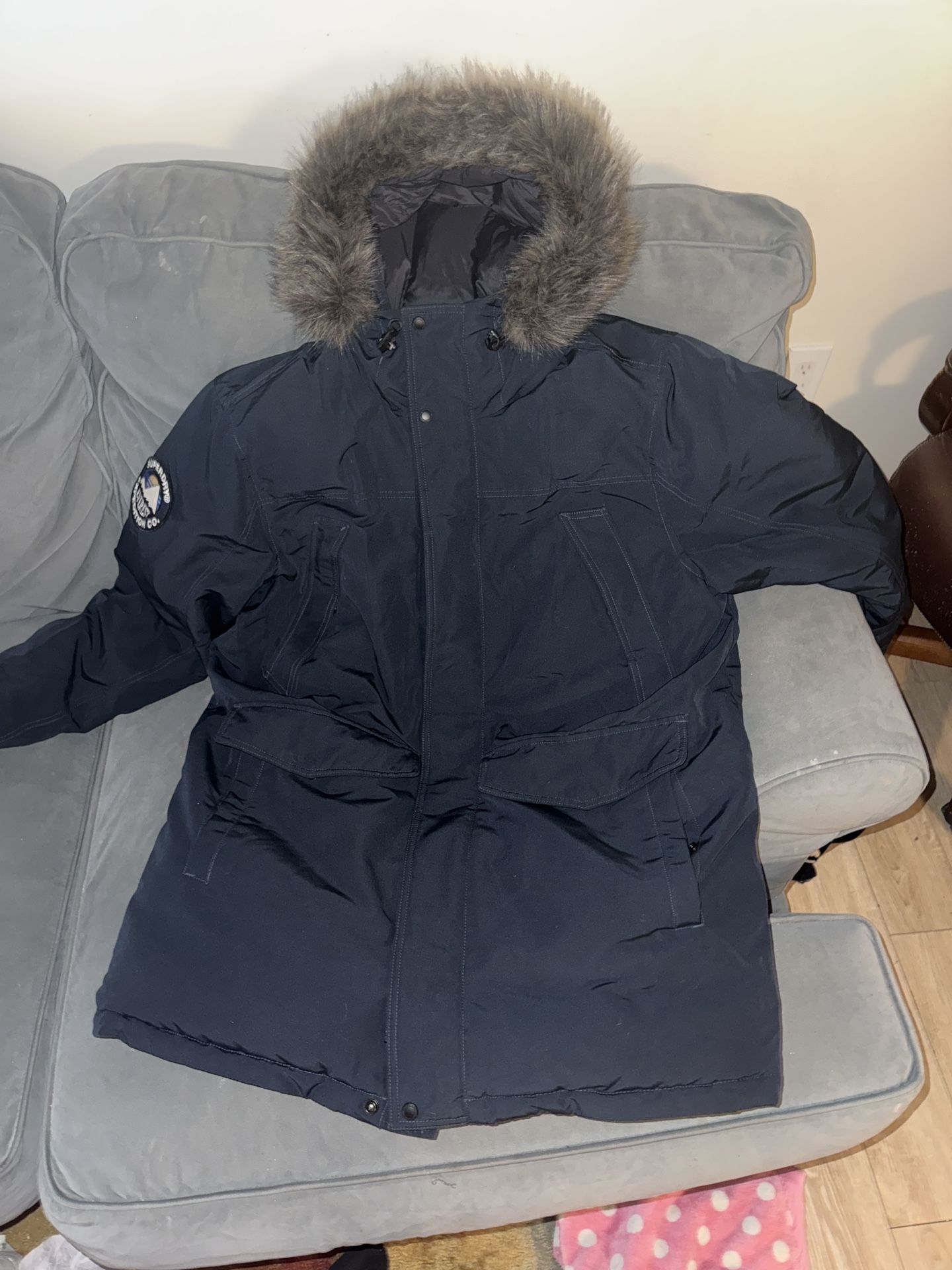 SUPERDRY 2XL EVEREST FAUX FUR PARKA JACKET - NAVY BLUE