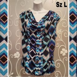 WOMENS BEAUTIFUL BLUE PATTERNED SLEEVELESS TOP SIZE L