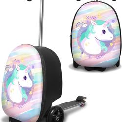 Scooter Suitcase for Kids - Scooter Luggage for Kids Lightweight Suitcases with Unicorn Pattern LED Light Wheels