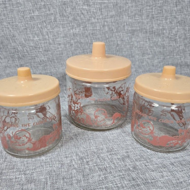 1950s MCM Pink Baby Jar Dresser Set Round the Clock with Baby GLASCO 3 Set