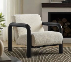 Sereno Modern Boucle Fabric Accent Chair in Cream Black w/ Rounded Wood Armrests