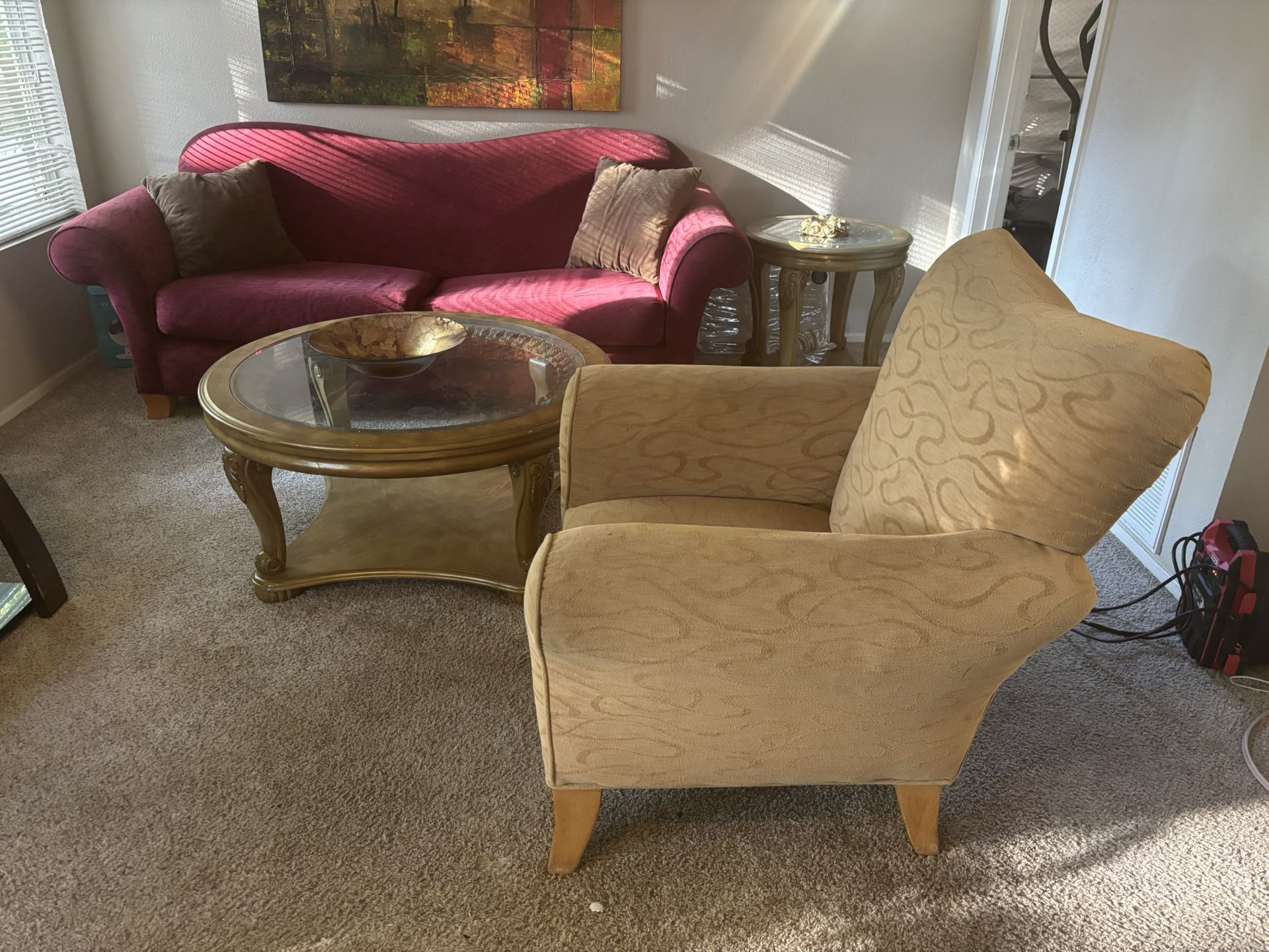 Comfortable, wide couch set and tables