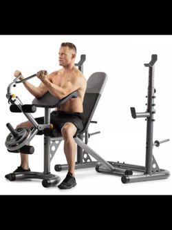 Weider xrs 20 olympic workout bench sale with independent squat rack and preacher pad