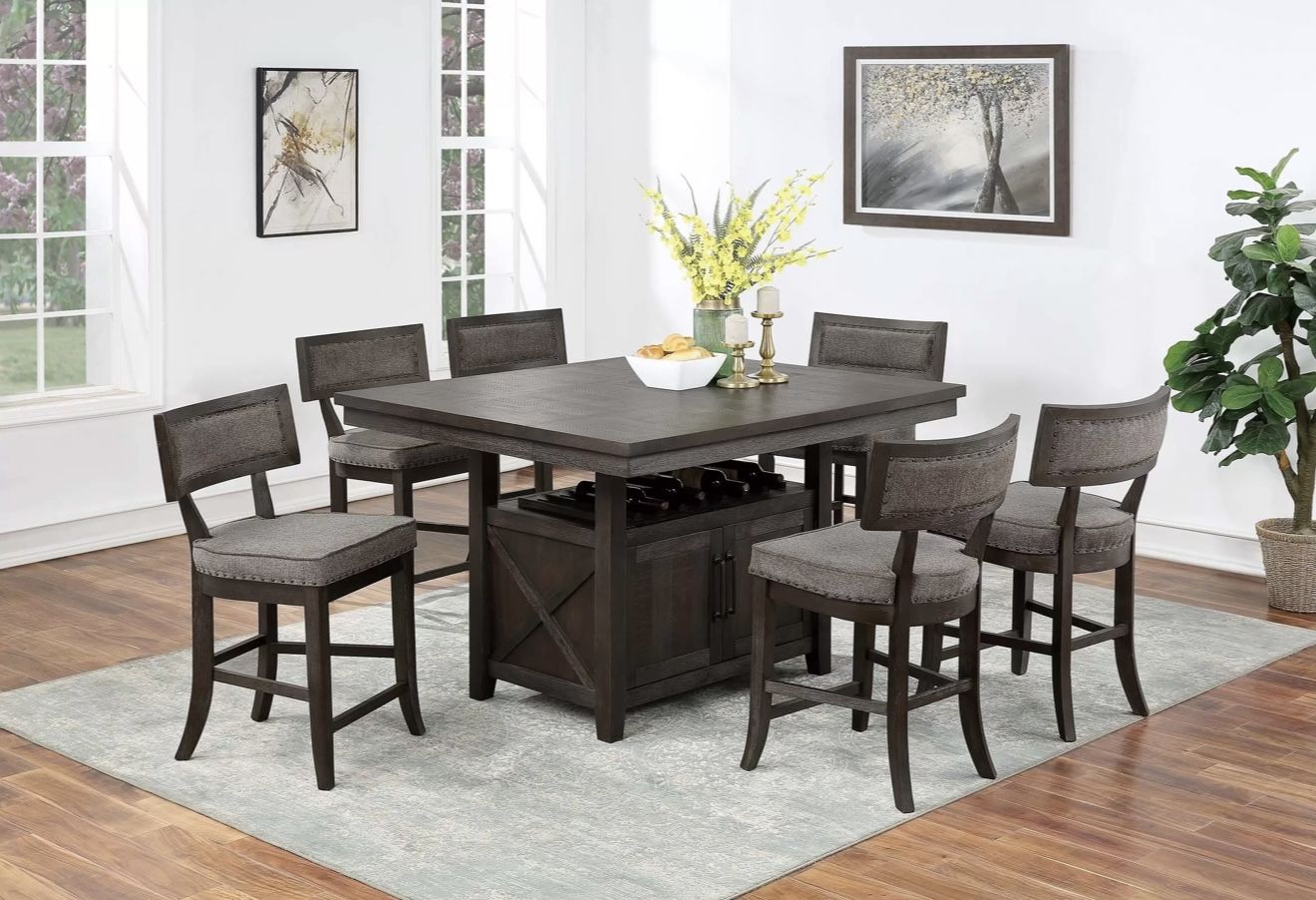 Brown Dining Table Set With Storage And Wine Rack