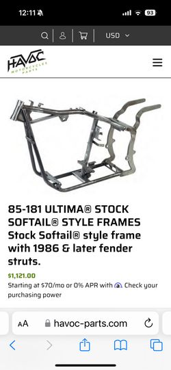 85-181 ULTIMA® STOCK SOFTAIL® STYLE FRAMES Stock Softail® style frame with 1986 & later fender struts