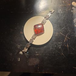 Vintage Sterling Silver Baltic Amber Panel Link Bracelet 7.25" Oxidized Art Deco