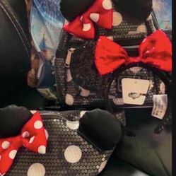 Disney Parks Black Sequin Polka Dot Mini Backpack, Disney Parks Loungefly Sequin waist bag Fanny Pack Minnie With Ears Polka Dot and Disney Parks Ear 