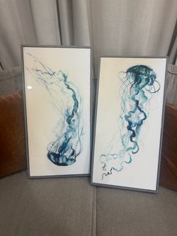 Set of 2 Framed Jellyfish Watercolor Wall Art
