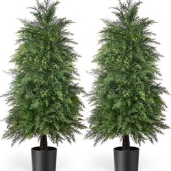 YEMMEN 2 Pack 4ft Artificial Cedar Topiary Trees for Outdoor Front Porch Décor, UV Rated Fake Potted Plants for Indoor and Outdoor Use
