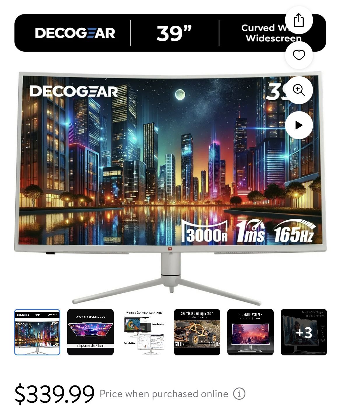 Deco Gear 39" Curved Ultrawide Gaming Monitor, 2560x1440, HDR400, 165Hz, White